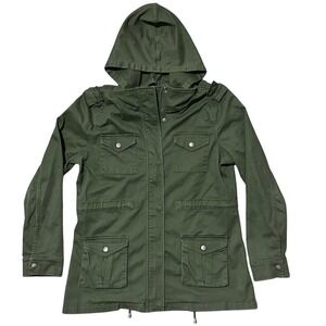 Market & Spruce Green Utility Jacket Hooded Cargo Pockets Button Snap Drawstring